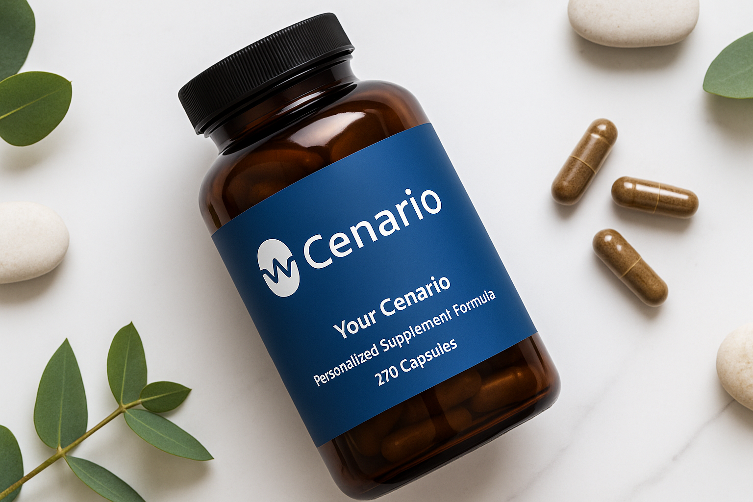 Cenario supplement bottle with capsules and green leaves