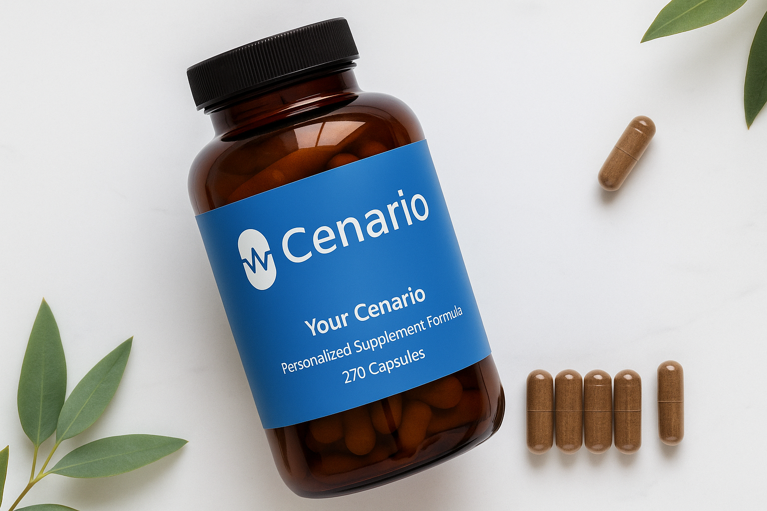 Amber supplement bottle labeled Cenario with capsules nearby