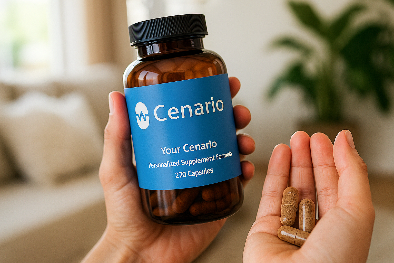 Hand holding Cenario supplement bottle and capsules