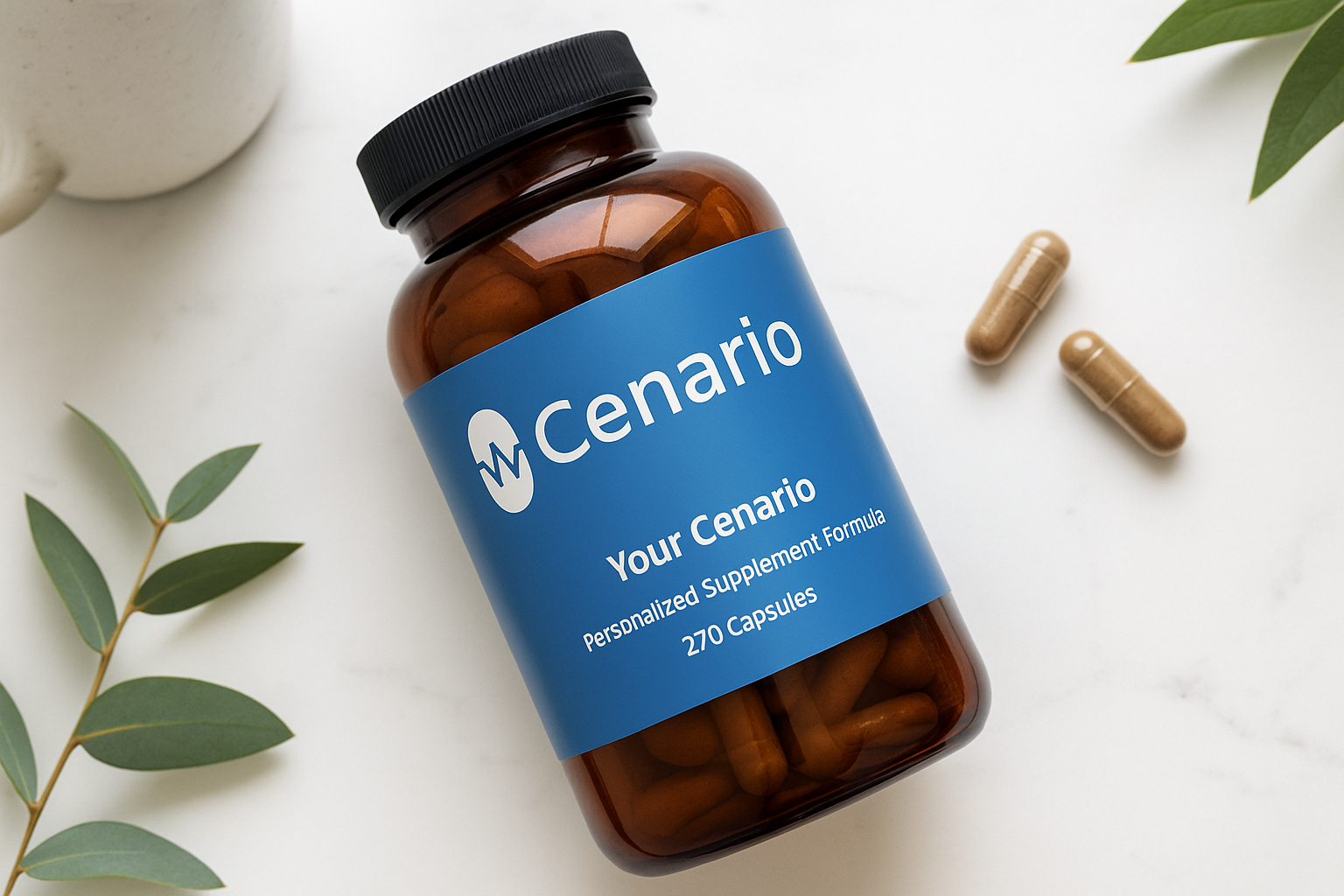Bottle of Cenario personalized supplement capsules with two capsules beside it