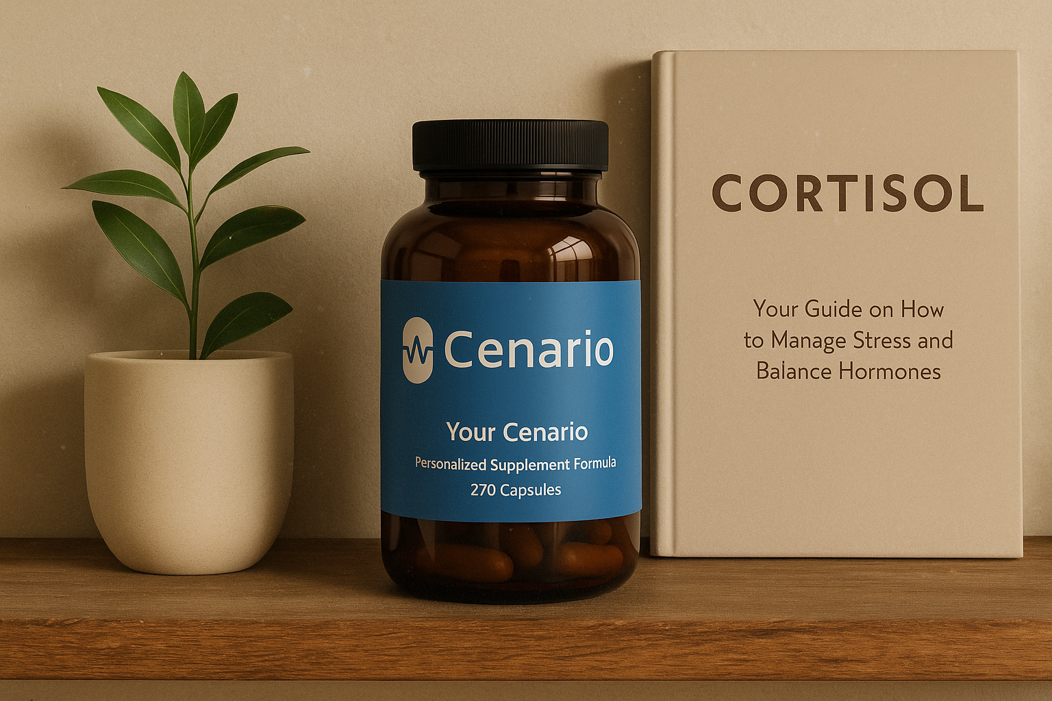 Supplement bottle with blue label next to a book titled Cortisol