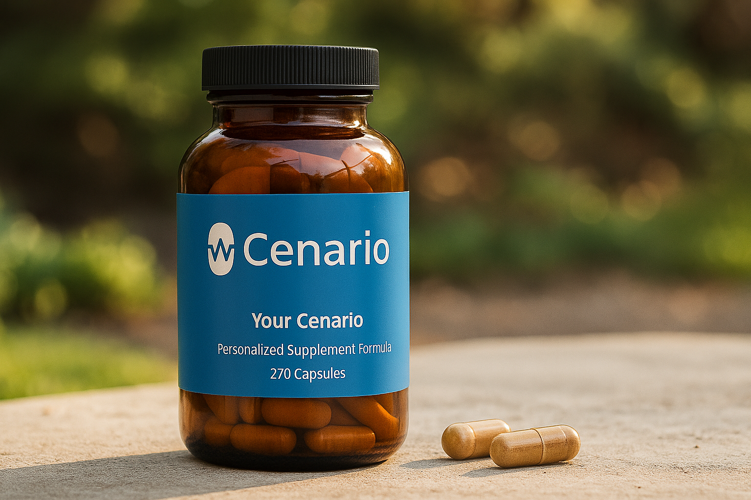 Cenario supplement bottle with capsules on surface