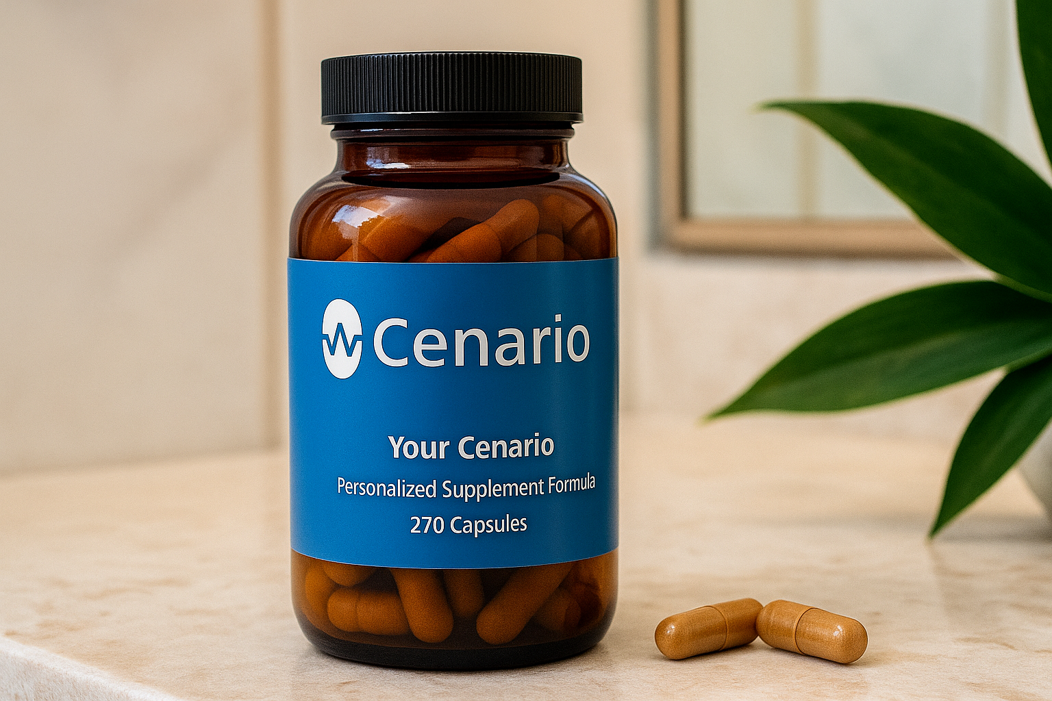 Bottle of Cenario personalized supplement capsules with two capsules beside it