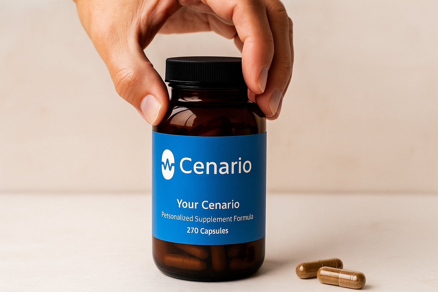 Hand holding supplement bottle labeled Cenario with capsules nearby