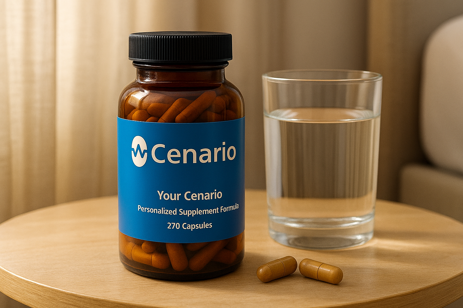 Bottle of Cenario supplement capsules with glass of water