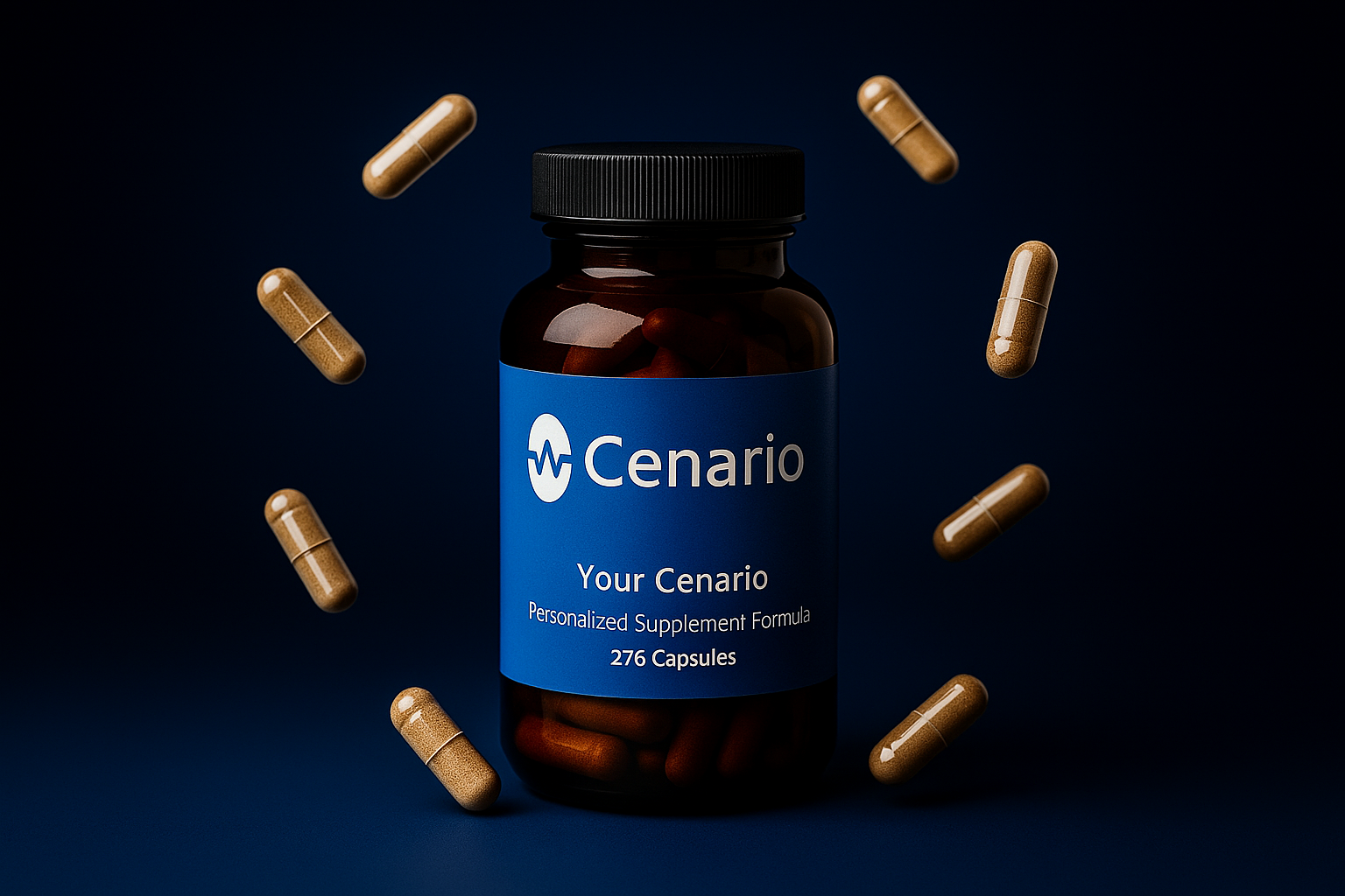 Cenario personalized supplement bottle with capsules floating around