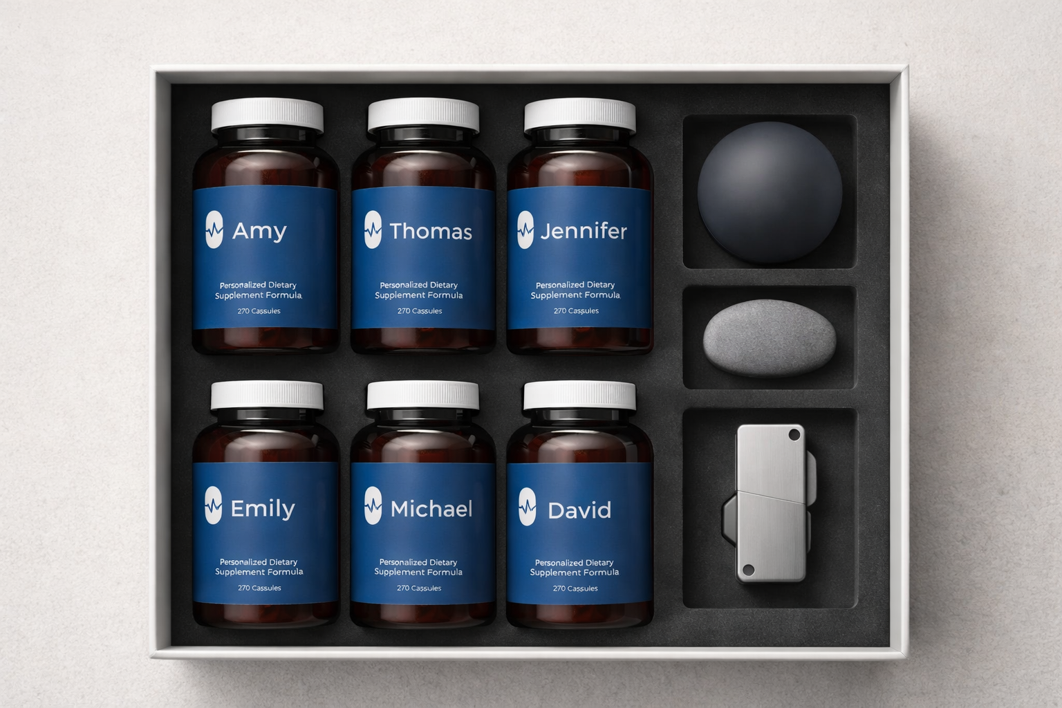 Box with six personalized supplement bottles and accessories