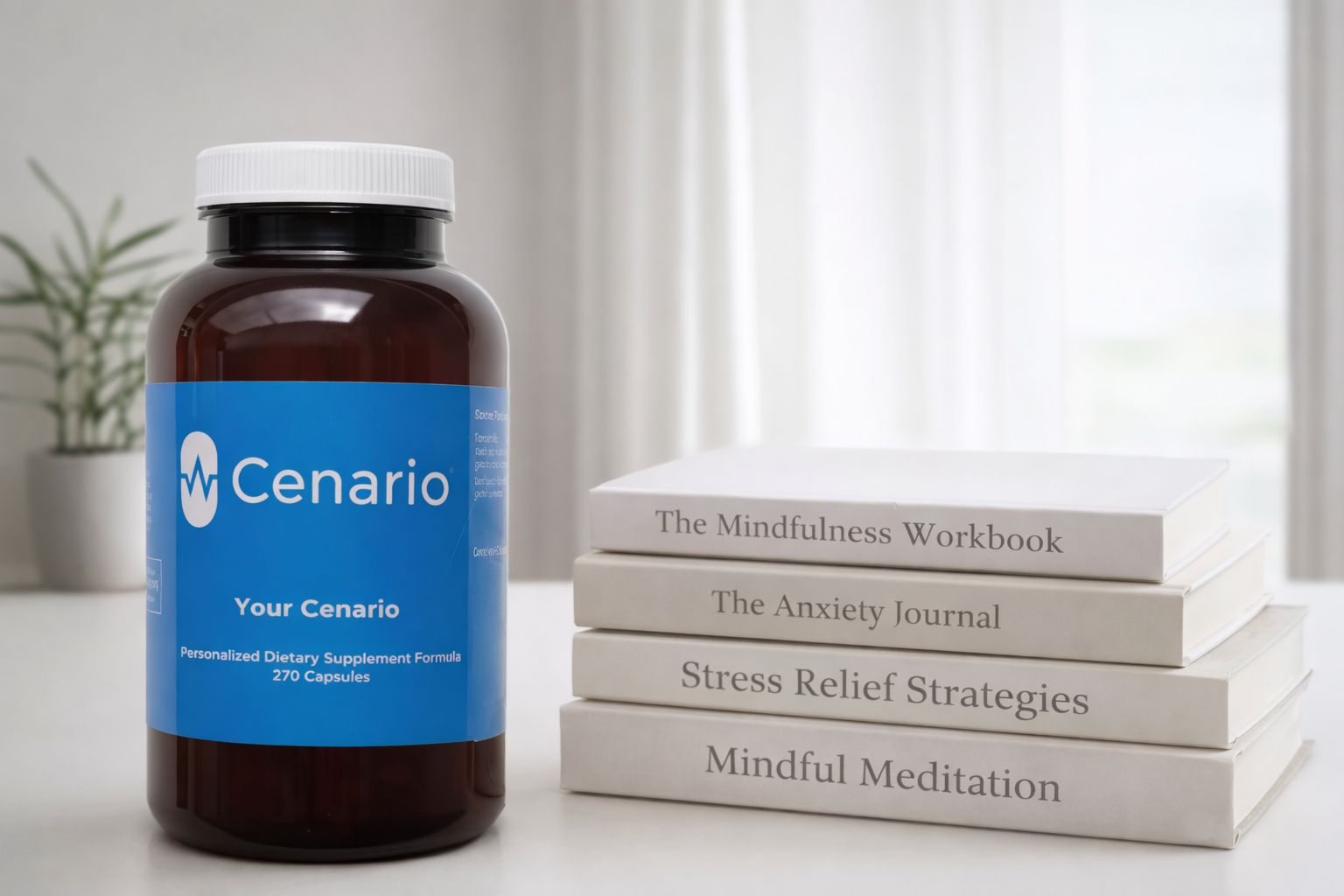 Cenario supplement bottle beside mindfulness and stress relief books