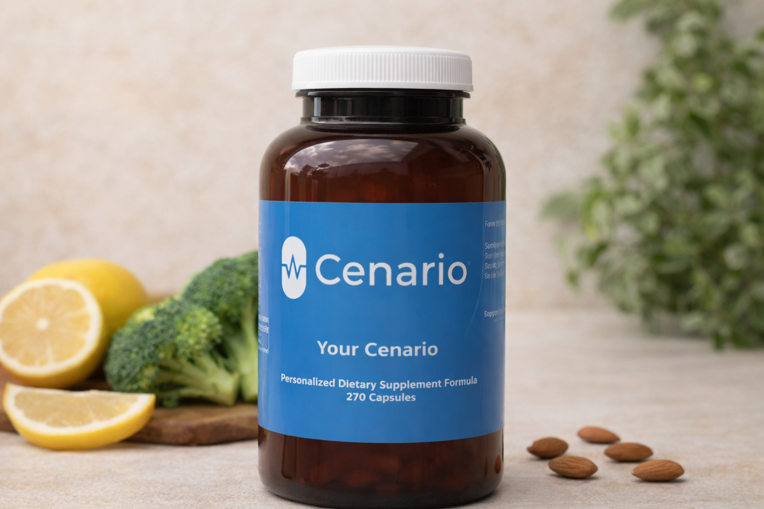 Cenario dietary supplement bottle with lemons, broccoli, and almonds