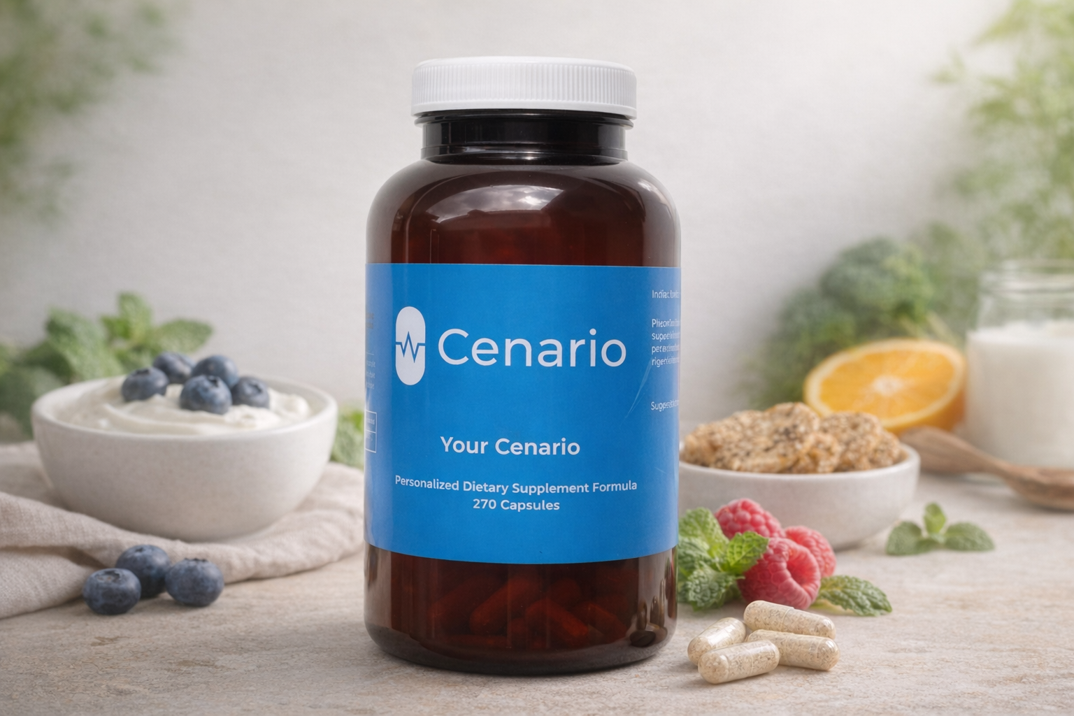 Cenario dietary supplement bottle with capsules and fresh ingredients