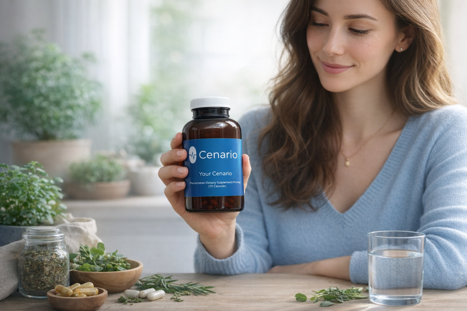 Woman holding a Cenario supplement bottle with herbs and glass of water