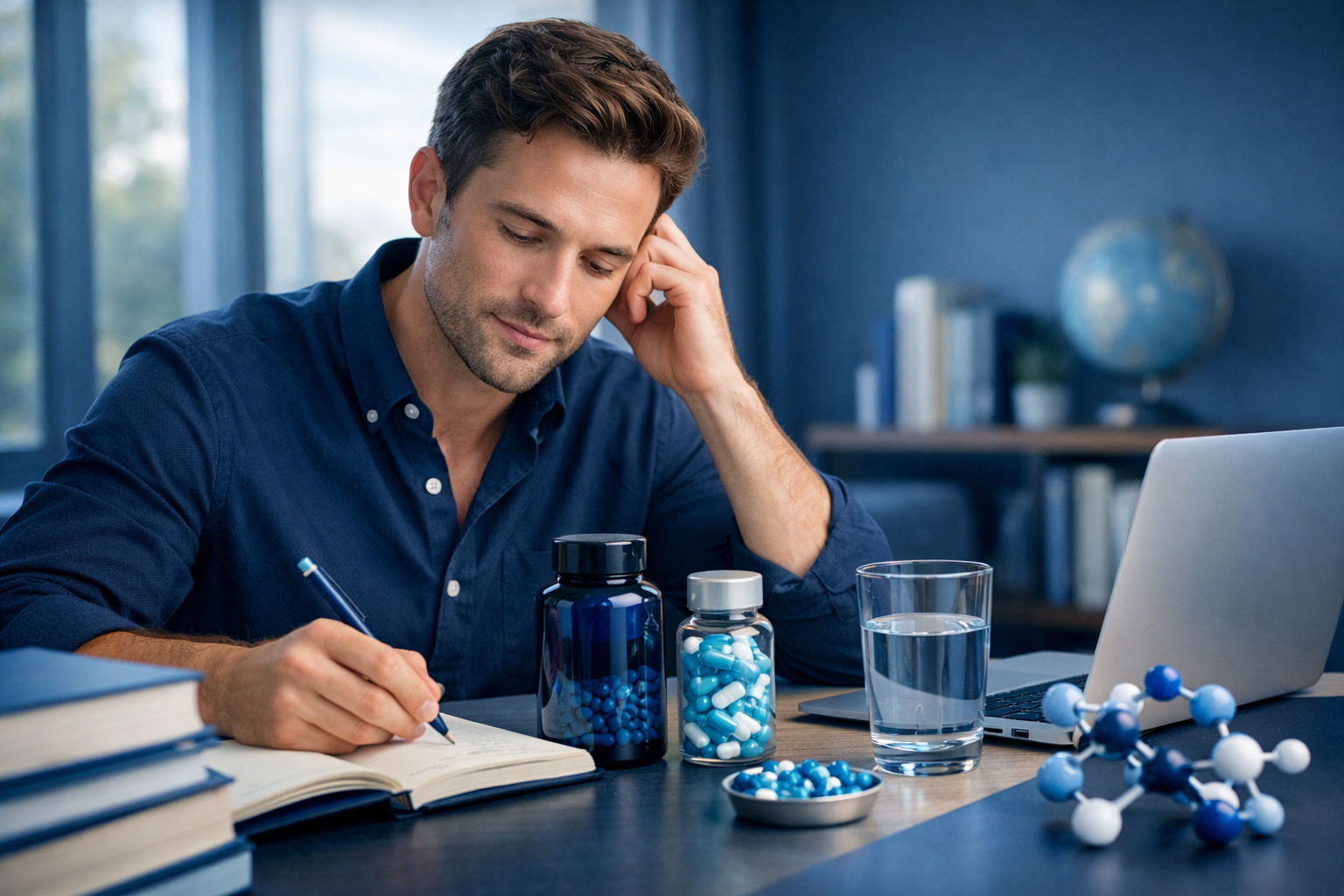 Man writing notes at desk with vitamins, water, and molecular model
