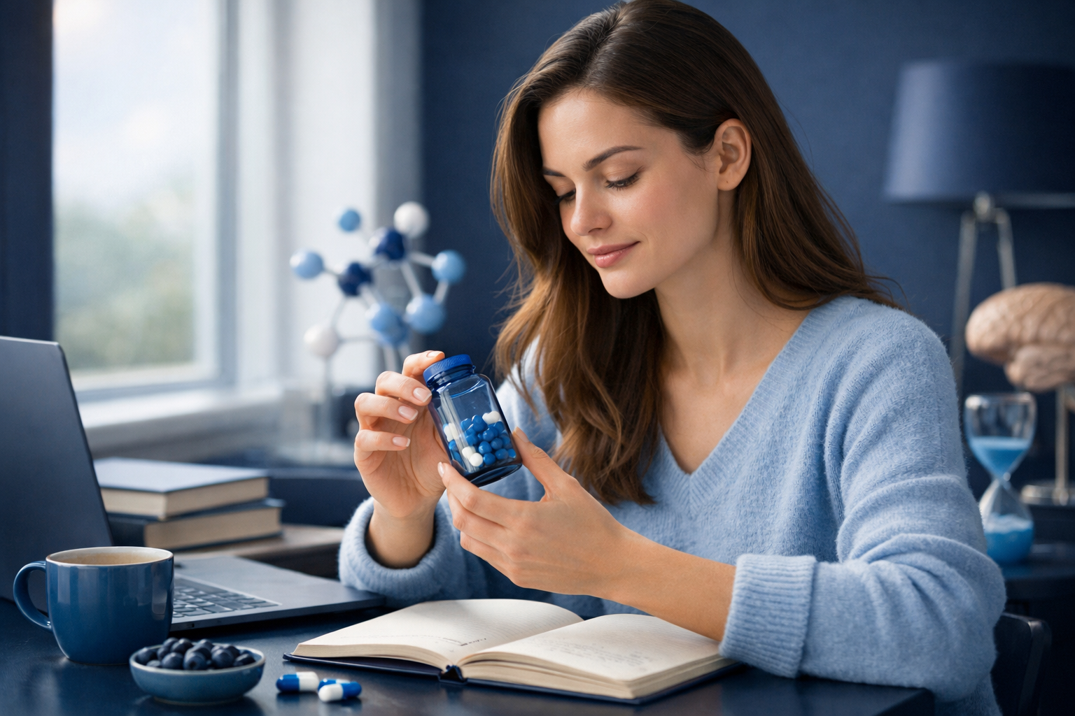 Woman holding bottle of memory supplement capsules at desk