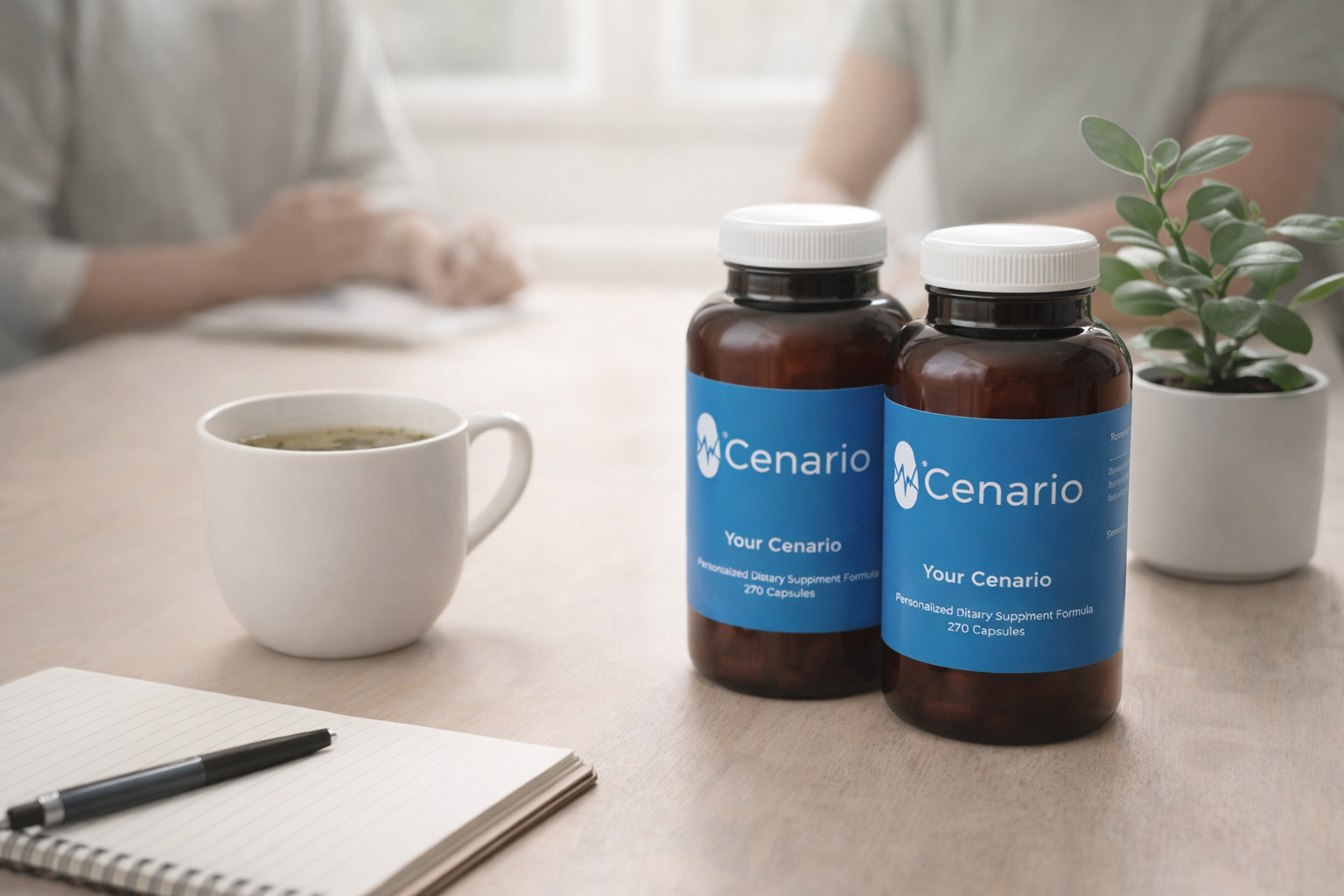 Two Cenario dietary supplement bottles on a desk with notebook and tea