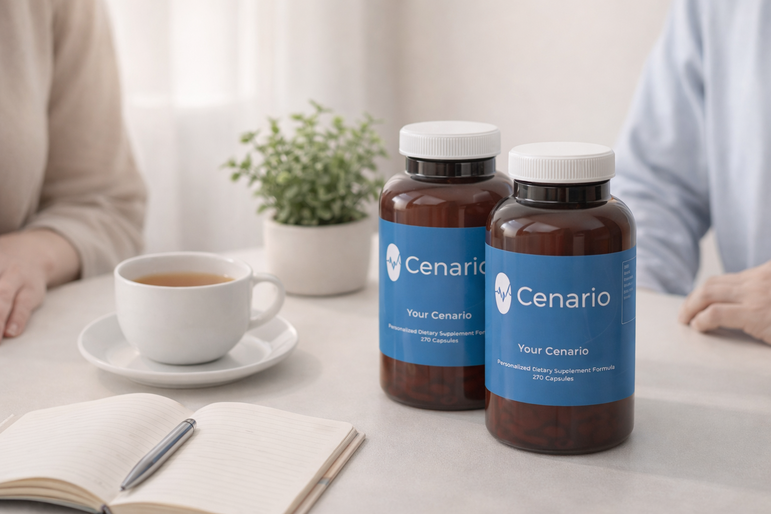 Two Cenario supplement bottles with tea cup and notebook on table