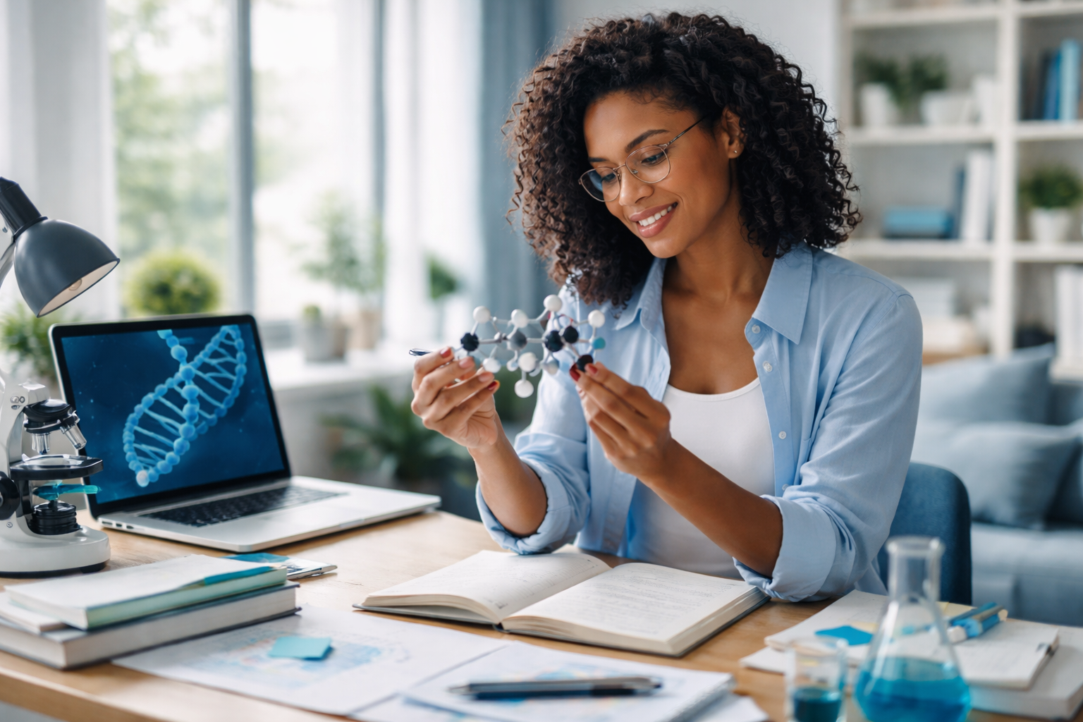 Smiling woman examining molecular model at desk with science materials