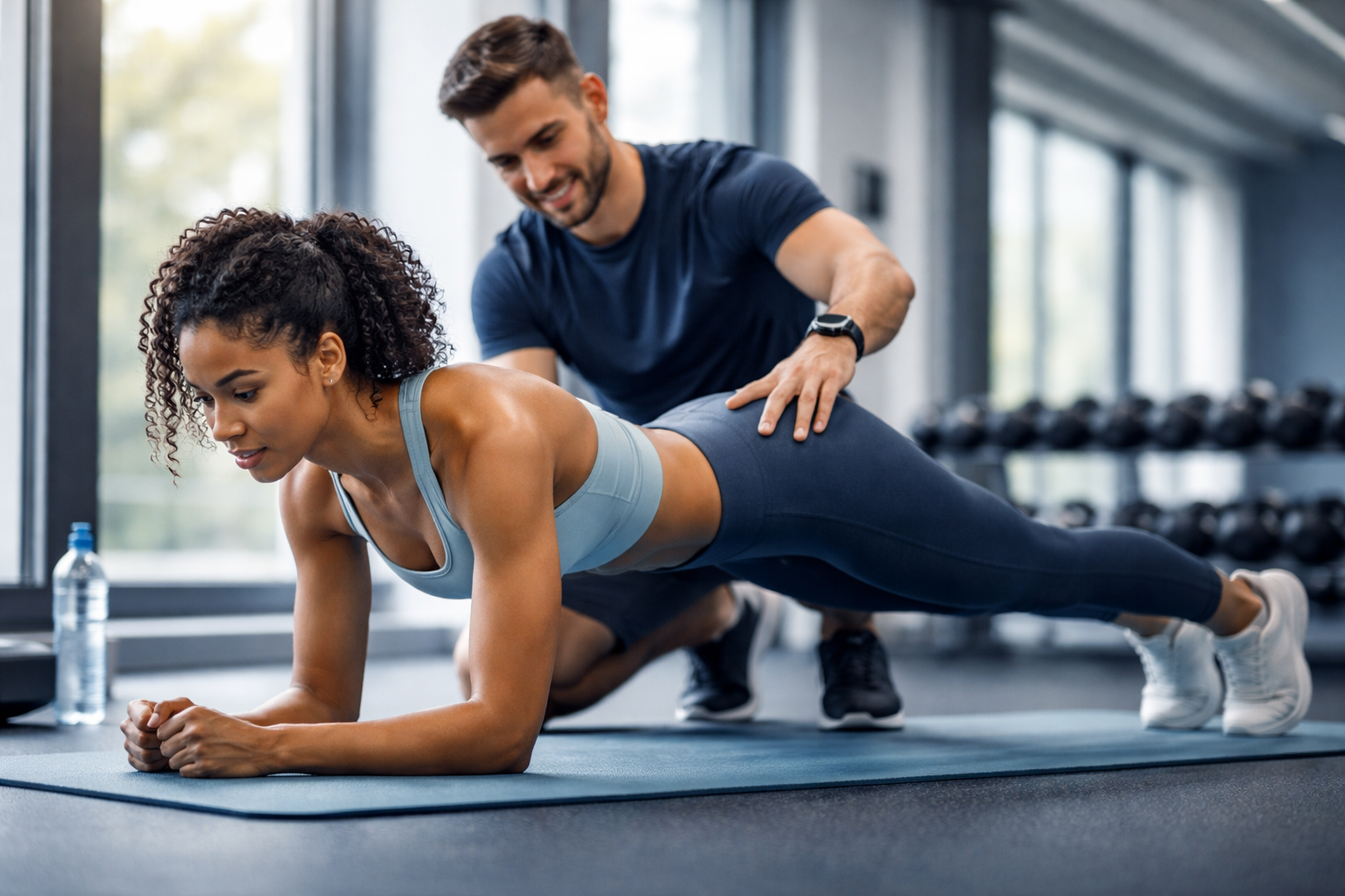 Woman doing plank exercise with trainer assistance at gym