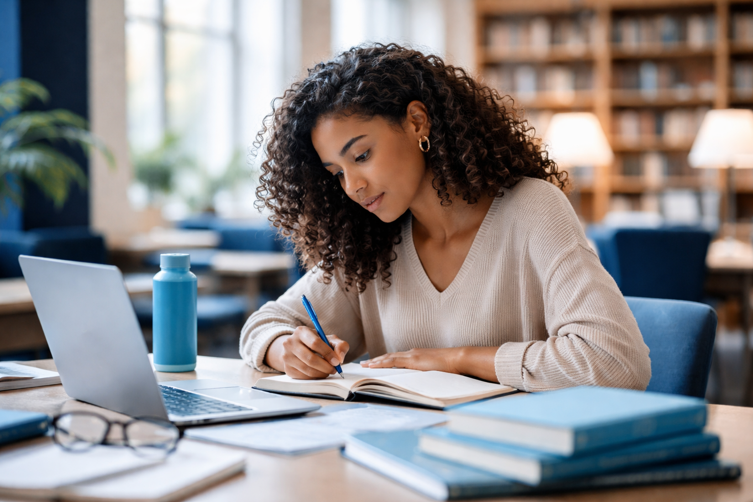 Woman studying and taking notes at desk with books and laptop