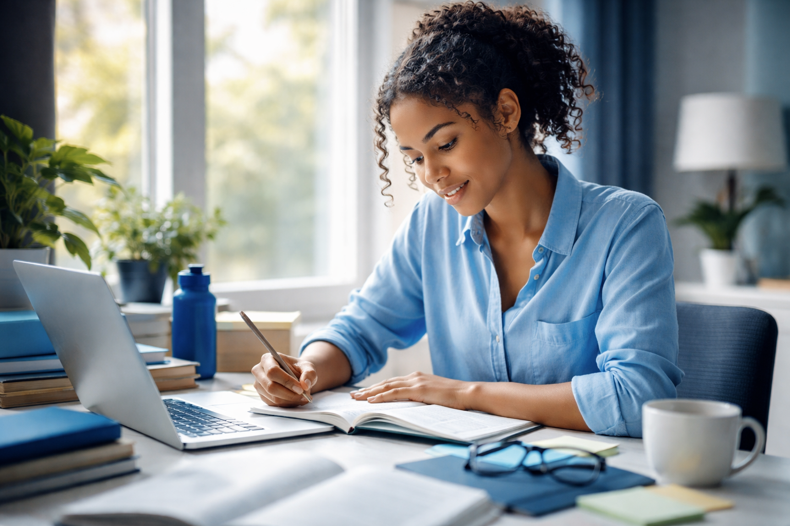 Woman writing notes at desk with laptop and books