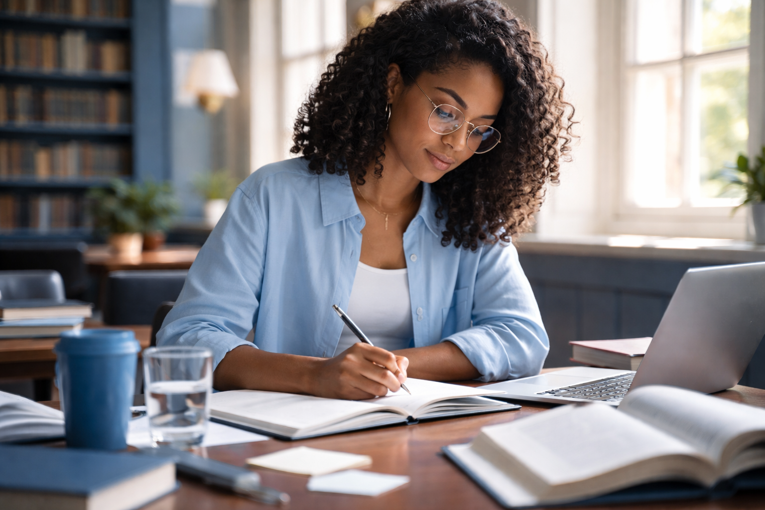 Woman writing notes at a desk with books and laptop