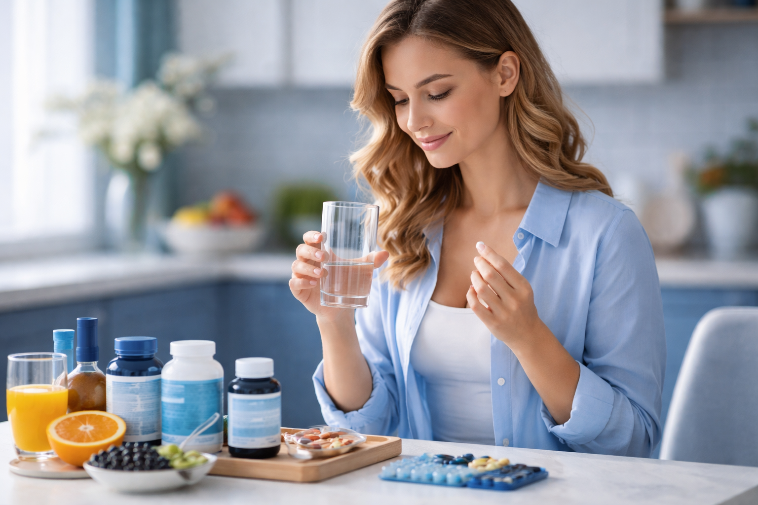 Woman holding a pill and glass of water at kitchen table with supplements