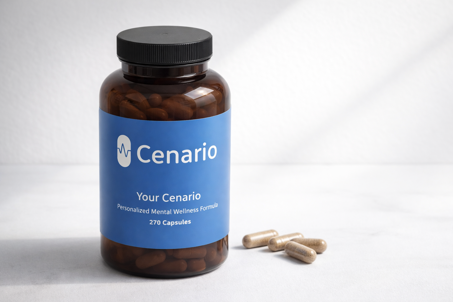 Bottle of Cenario personalized mental wellness capsules
