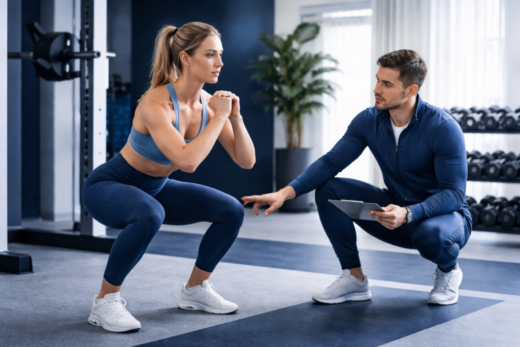 Group of people participating in a variety of fitness challenge ideas, including planking, jumping jacks, and running, in a gym setting.
