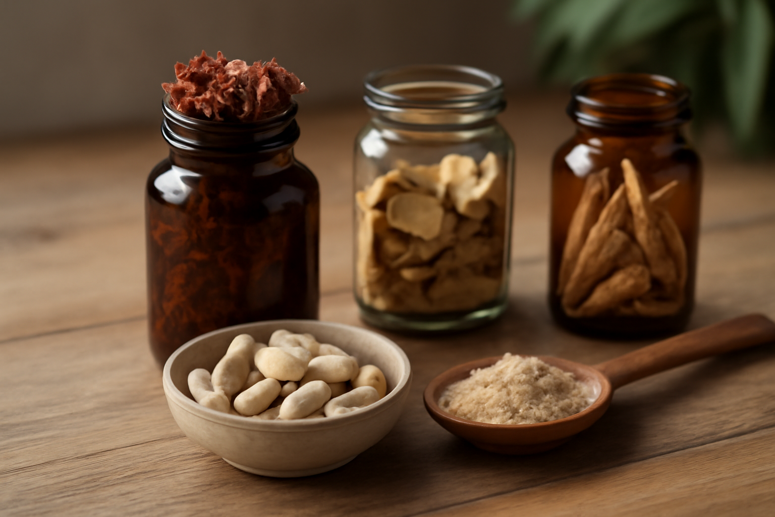 A selection of adaptogen herbs and supplements arranged on a table, highlighting natural remedies commonly used to support focus and mental clarity.