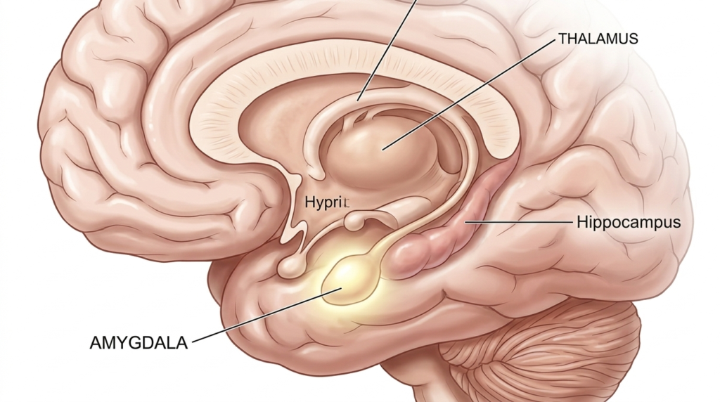 Illustration of the amygdala, a small almond-shaped cluster of nuclei in the brain, highlighted to show its role in emotion and memory processing.