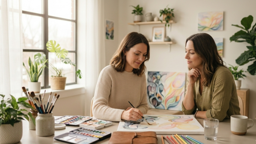 A person uses painting and drawing as part of art therapy to process and heal from trauma, expressing emotions through creative visual expression.