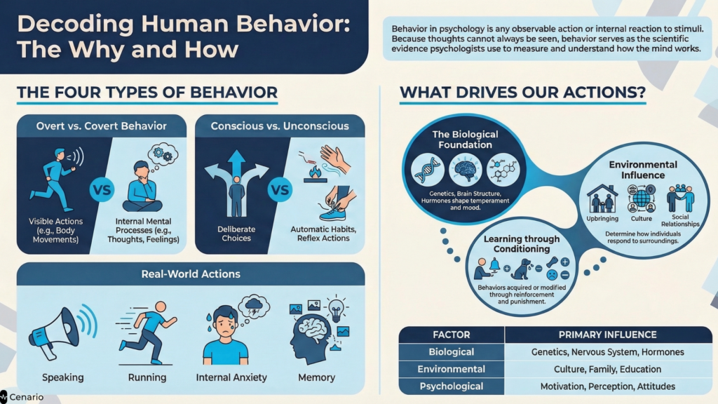 Illustration showing various human behaviors, including social interaction, emotional expression, and decision-making, highlighting key aspects of psychology.