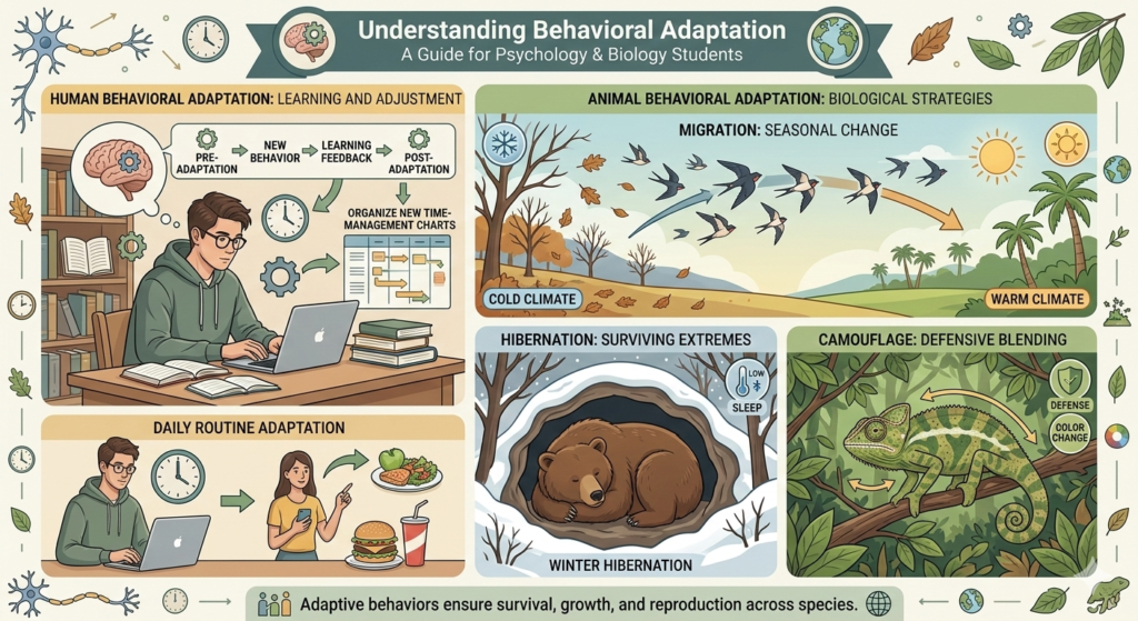 A desert fox uses large ears to dissipate heat and blends into sandy surroundings, demonstrating behavioral adaptation for survival in harsh environments.