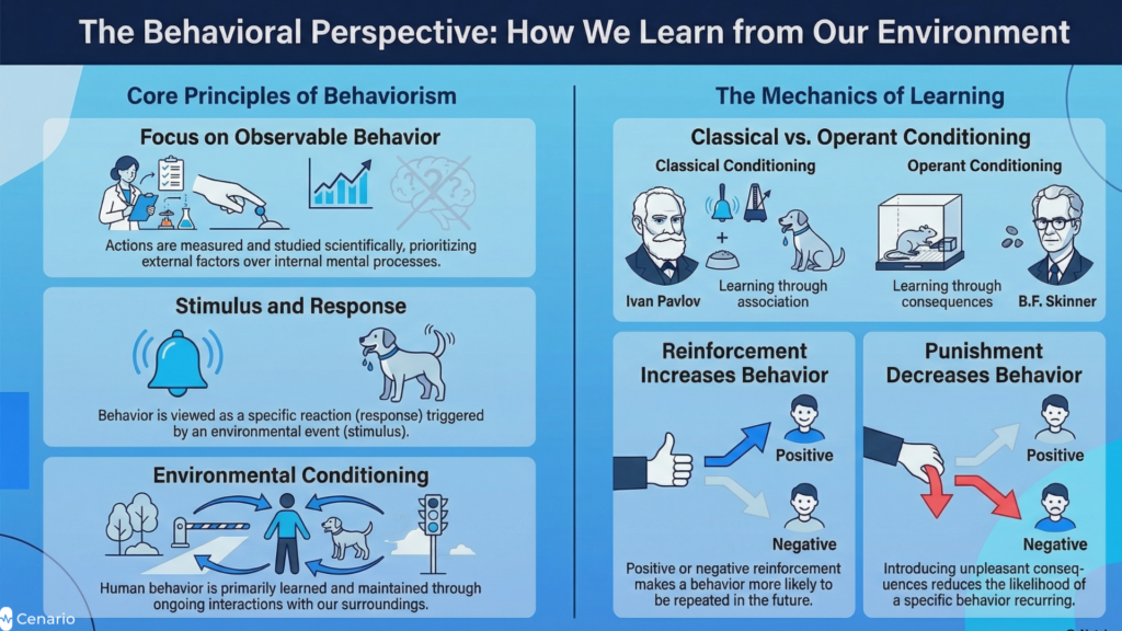 Illustration showing behavioral perspective psychology, with a person responding to stimuli and receiving rewards or consequences to shape observable behavior.