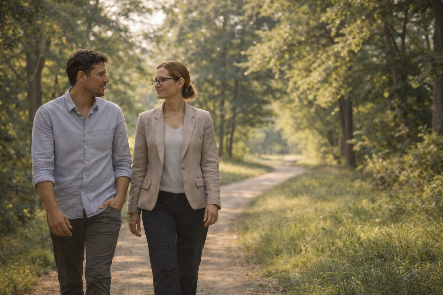A therapist and client walking outdoors, engaging in walk and talk therapy to promote mental clarity, physical activity, and open conversation.