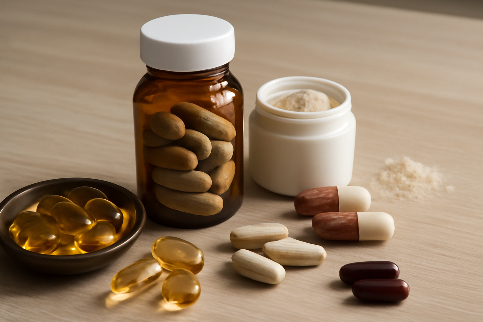 Bottles of the best energy supplements for work, featuring natural ingredients like caffeine, B vitamins, and adaptogens on a modern office desk.