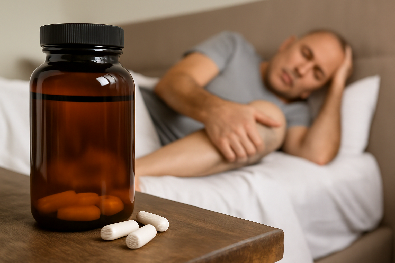 Supplement bottle with capsules and man holding leg in pain on bed