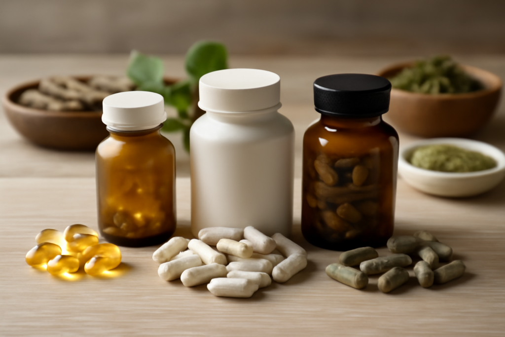 A selection of the best supplements for attention and focus, including capsules and bottles labeled for cognitive support, arranged on a clean white surface.