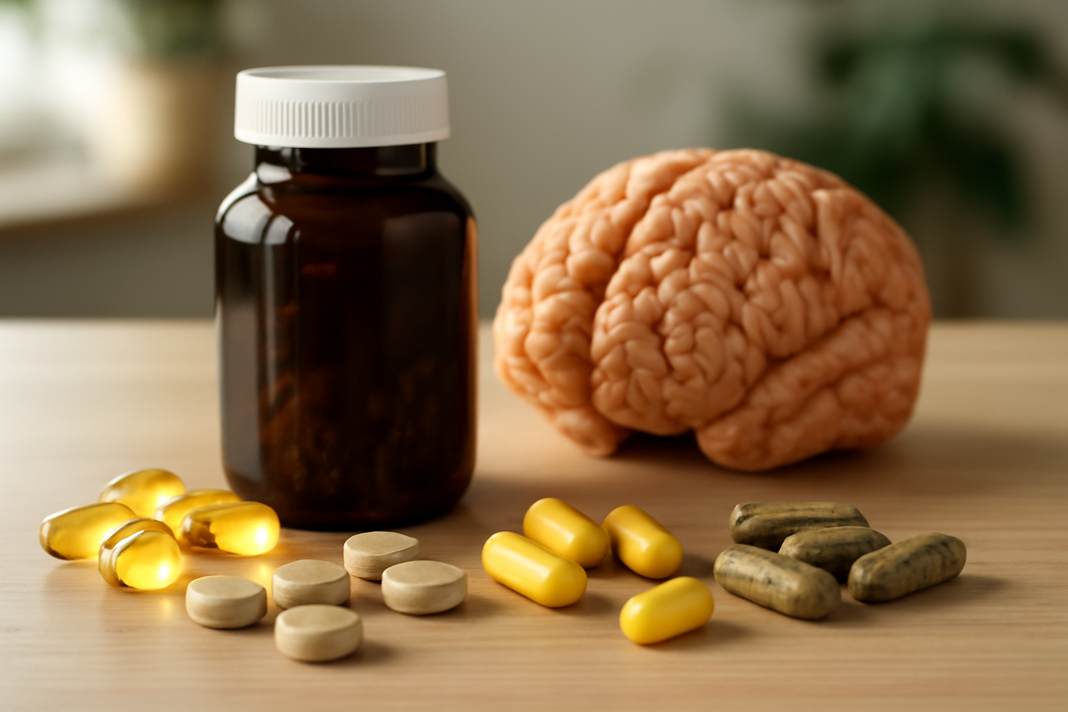 Assorted vitamin supplements including B-complex, vitamin D, and omega-3 capsules arranged on a table to support brain power and cognitive function.