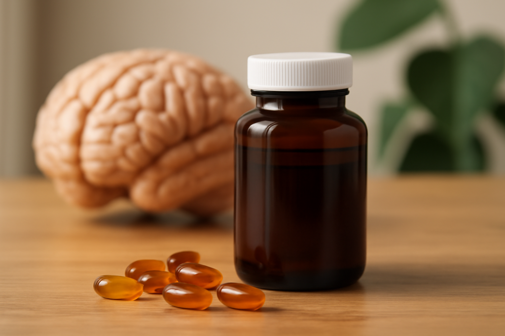 Bottle of brain supplement for memory and focus with capsules, highlighting ingredients that support cognitive function, mental clarity, and concentration.