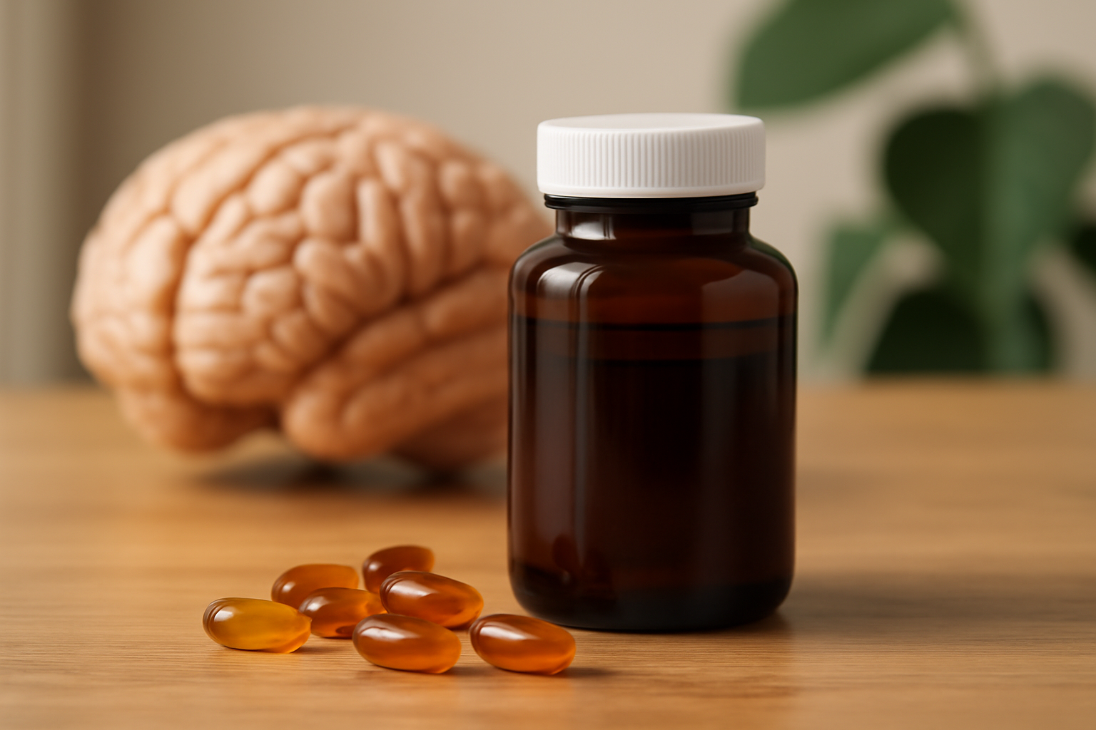 Bottle of brain supplement for memory and focus with capsules, highlighting ingredients that support cognitive function, mental clarity, and concentration.