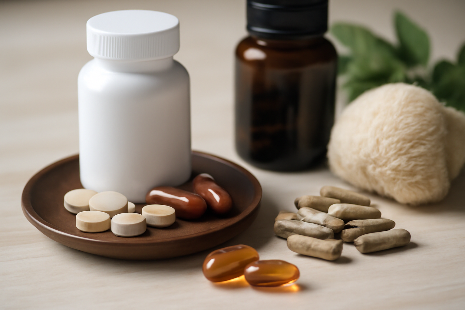 A selection of top supplements for mental performance, including omega-3, ginkgo biloba, L-theanine, and B vitamins, displayed on a wooden table.