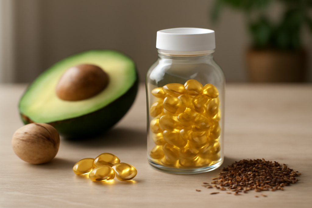 A selection of natural concentration boosters including green tea, blueberries, walnuts, and ginseng arranged on a wooden table for enhanced mental focus.