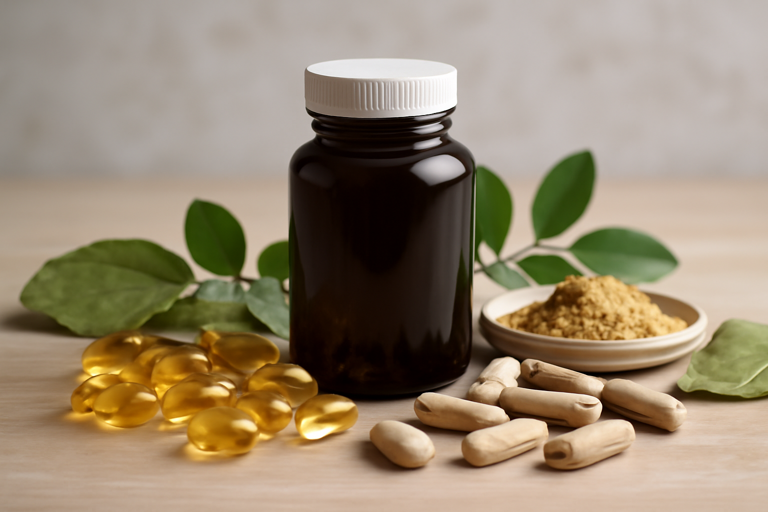 A selection of supplements, vitamins, and healthy snacks on a desk, suggesting options to help increase focus and concentration during work or study.