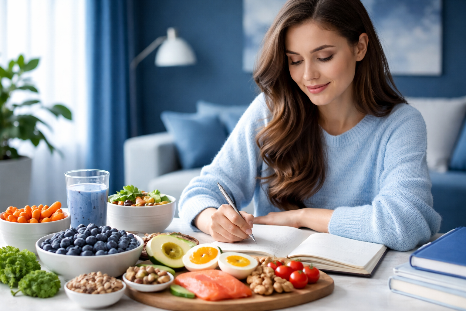 A selection of memory-boosting supplements, including omega-3 capsules, ginkgo biloba, and vitamin B12, arranged on a table with a notebook.