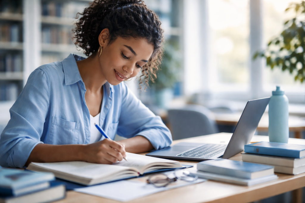 A bottle of focus supplement capsules labeled for studying, placed on a desk next to open textbooks, pens, and a laptop in a well-lit study area.