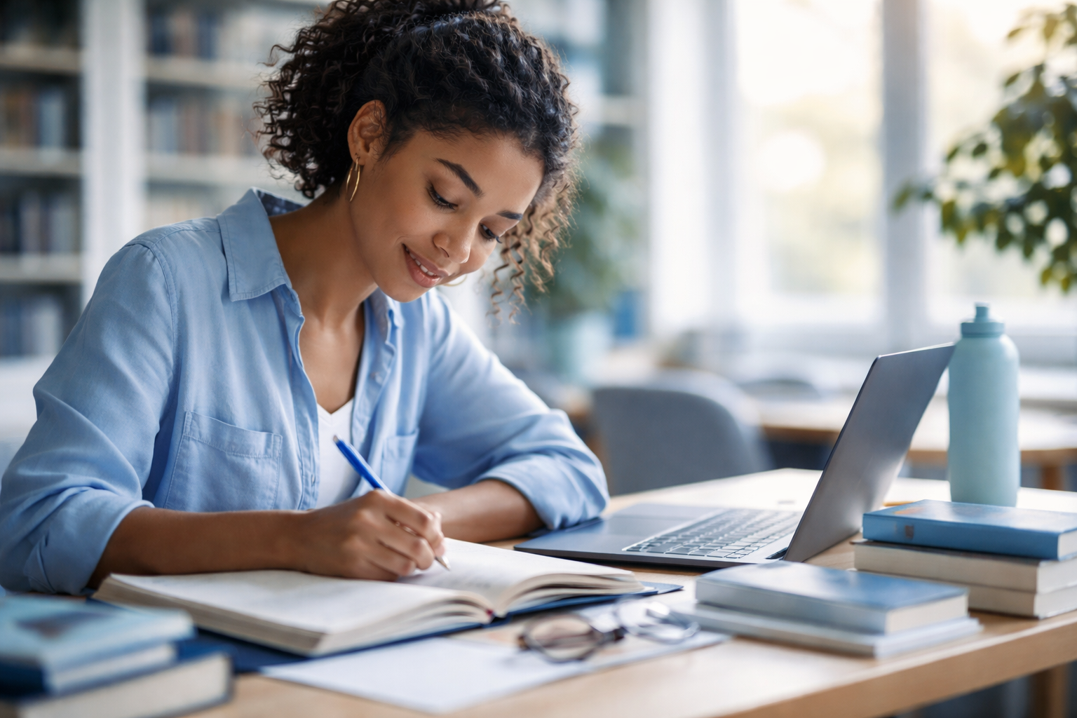 A bottle of focus supplement capsules labeled for studying, placed on a desk next to open textbooks, pens, and a laptop in a well-lit study area.