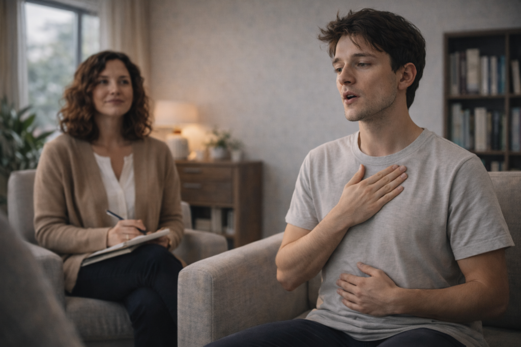 Speech therapist guides a child through breath support exercises using a pinwheel and visual cues to improve speech clarity and respiratory control.