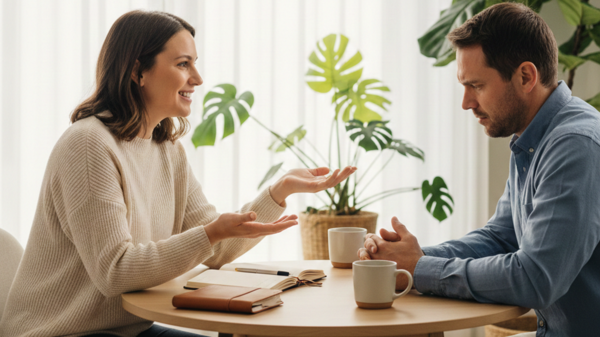 A professional coach guides a client through stress management techniques, helping them develop coping strategies and improve emotional well-being.