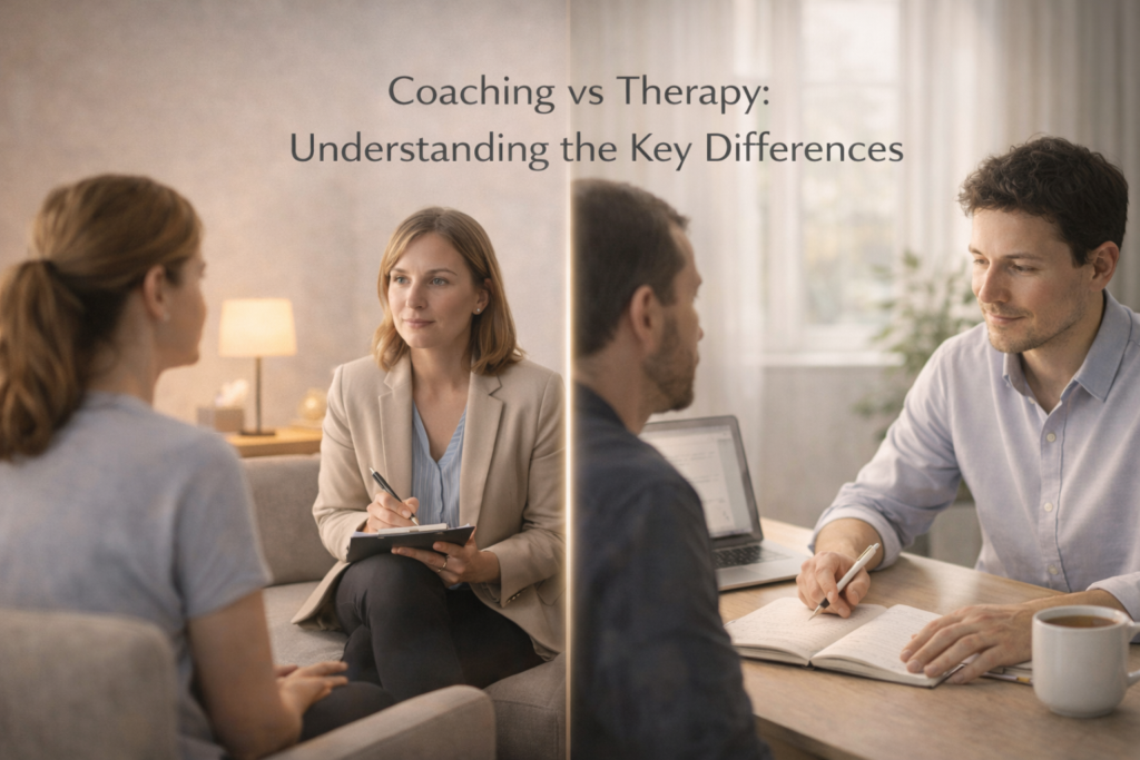 Illustration comparing coaching and therapy, highlighting differences in goals, methods, and focus on personal development versus mental health support.