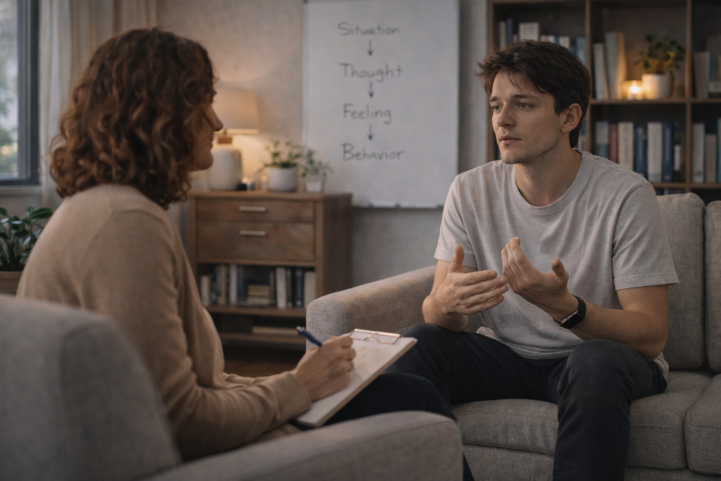 A therapist guides a patient through cognitive behavioral therapy techniques to help manage symptoms of general anxiety disorder in a calm, supportive setting.